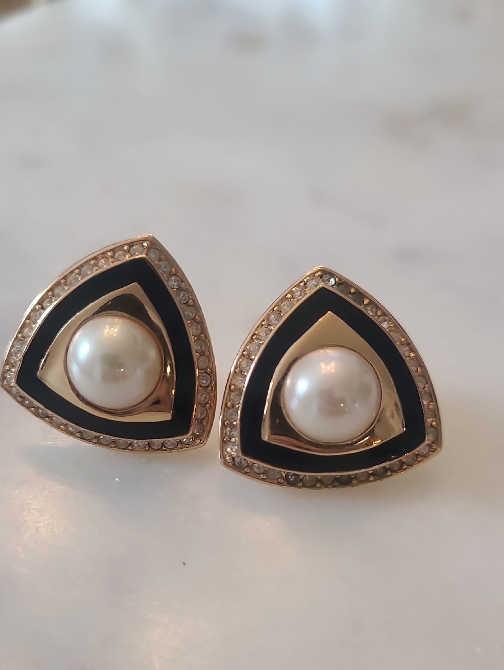 Vintage Dior Gold-Tone Triangle Pearl & Black Enamel Earrings